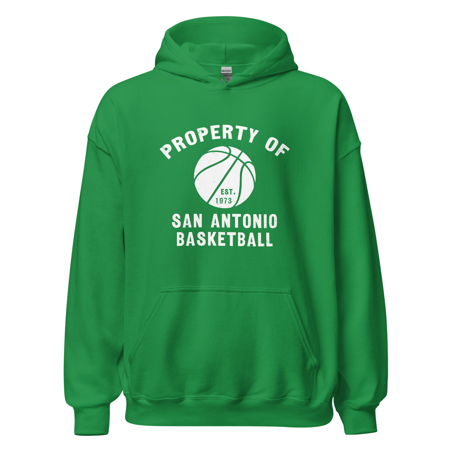 An irish green hoodie featuring a silhouette of a basketball with the words "Property of San Antonio basketball Est. 1973".