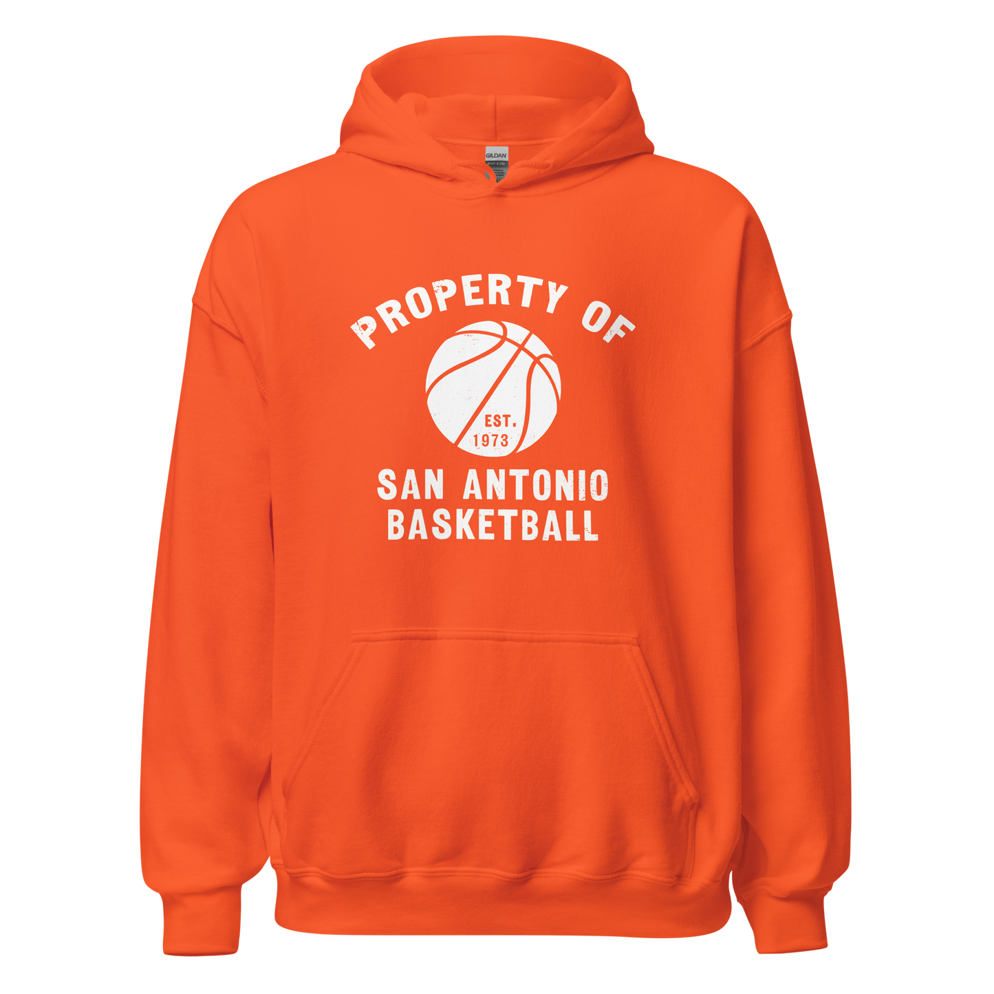 An orange hoodie featuring a silhouette of a basketball with the words "Property of San Antonio basketball Est. 1973".