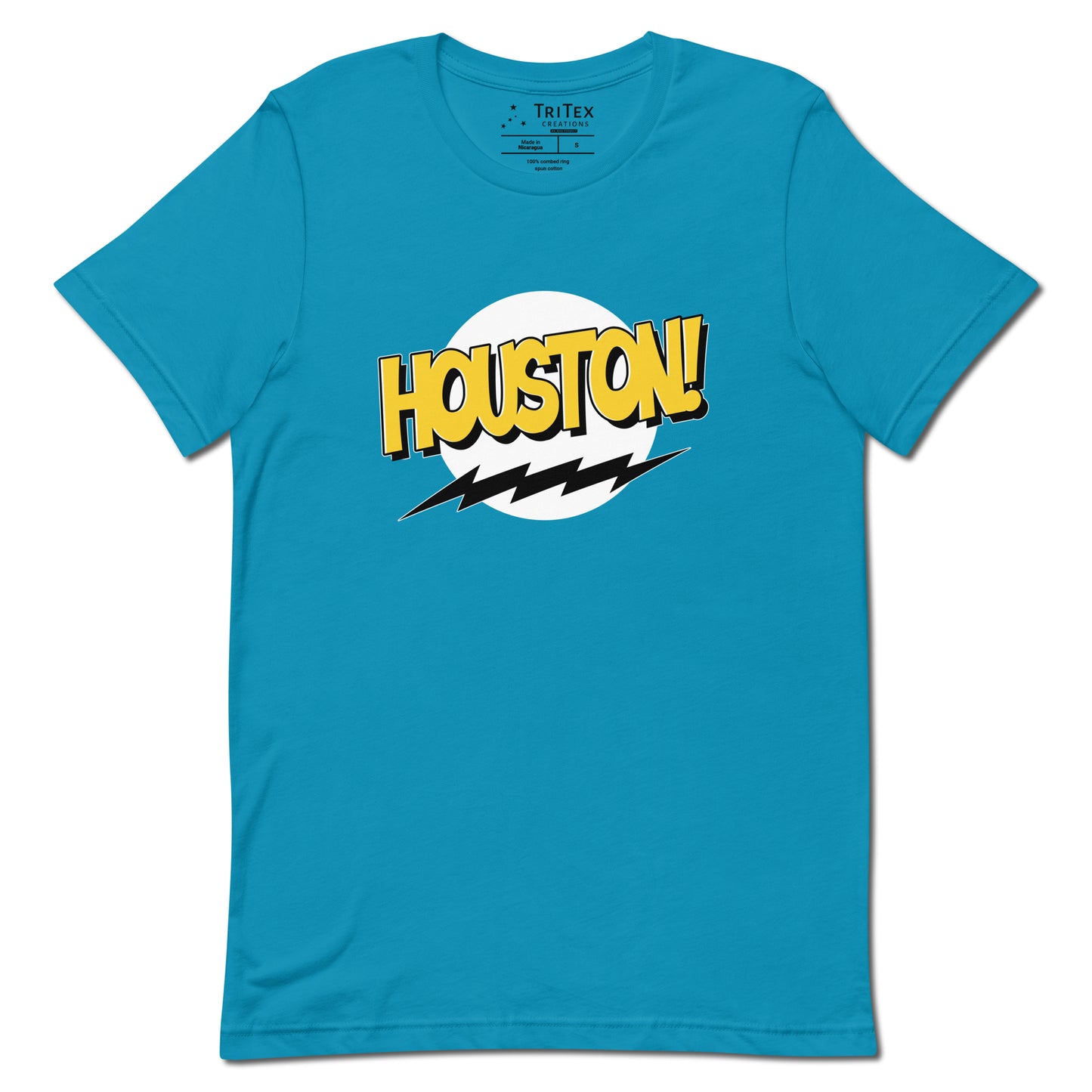 An aqua t-shirt with the words "Houston!" in the style of a Sheldon Cooper Bazinga-shirt.