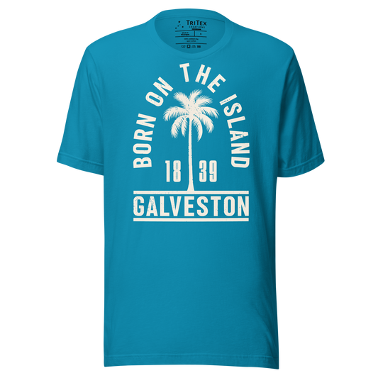 An aqua t-shirt featuring a palm tree with the words "Born on the island. Galveston 1839" with a silhouette of a palm tree.