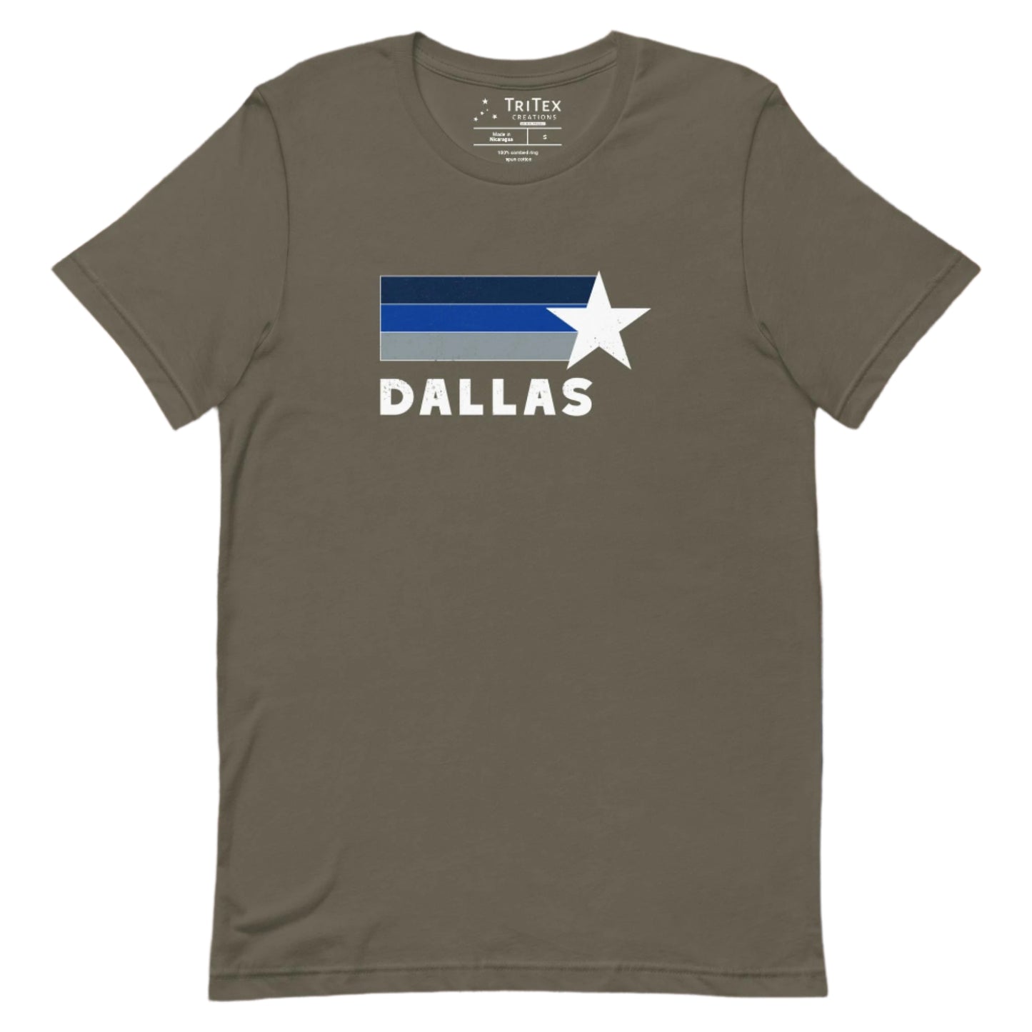 A army t-shirt featuring navy blue, royal blue, gray stripes and a white star with the word "Dallas".