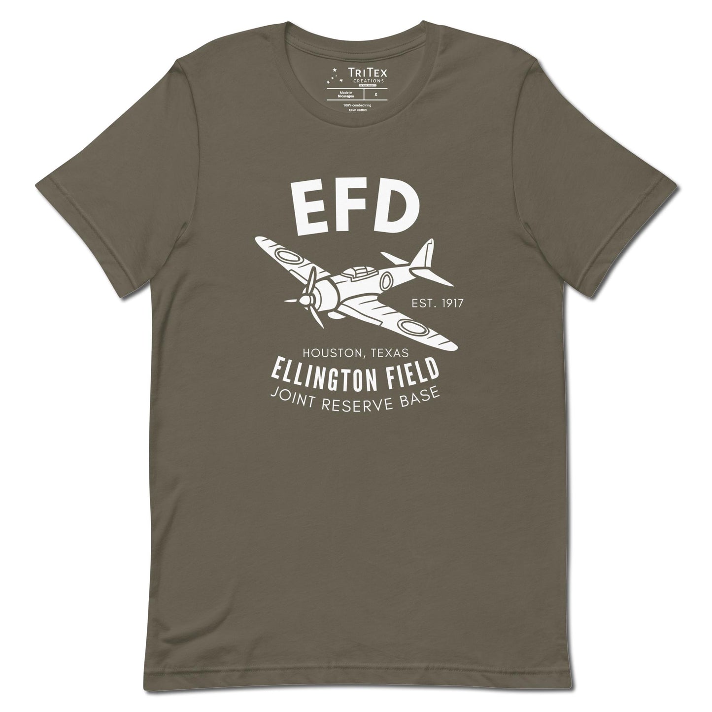 A army brownish-green t-shirt featuring a vintage fighter lane with the words "EFD Est. 1917 Houston, Texas Ellington Field Joint Reserve Base".