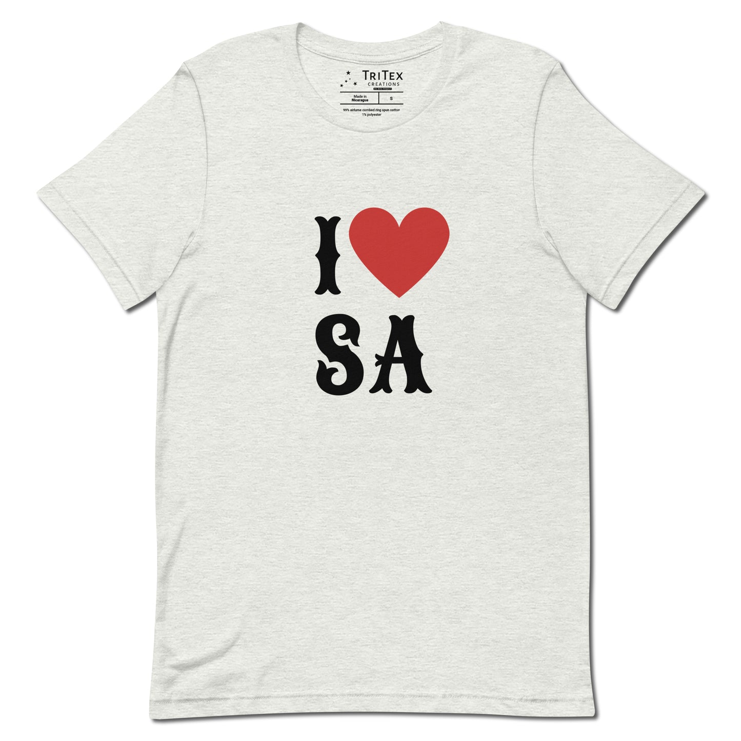 An ash-colored shirt with the text "I Love SA".