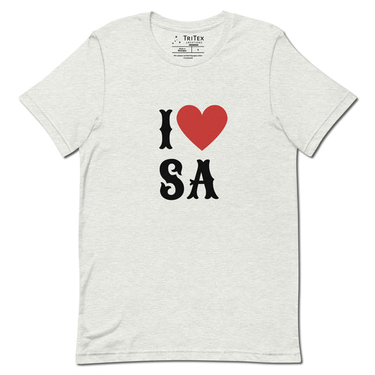 An ash-colored shirt with the text "I Love SA".