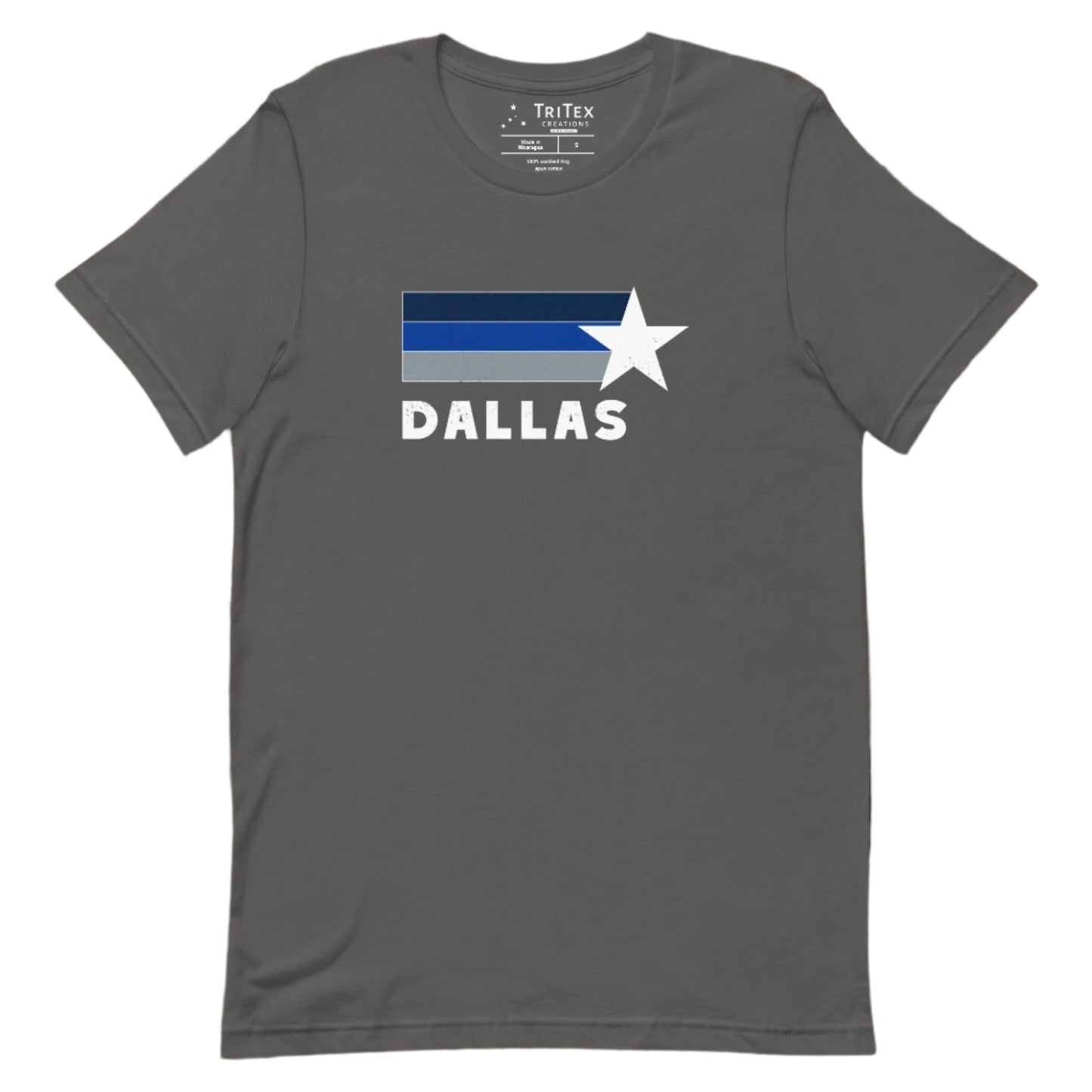 An asphalt t-shirt featuring navy blue, royal blue, gray stripes and a white star with the word "Dallas".