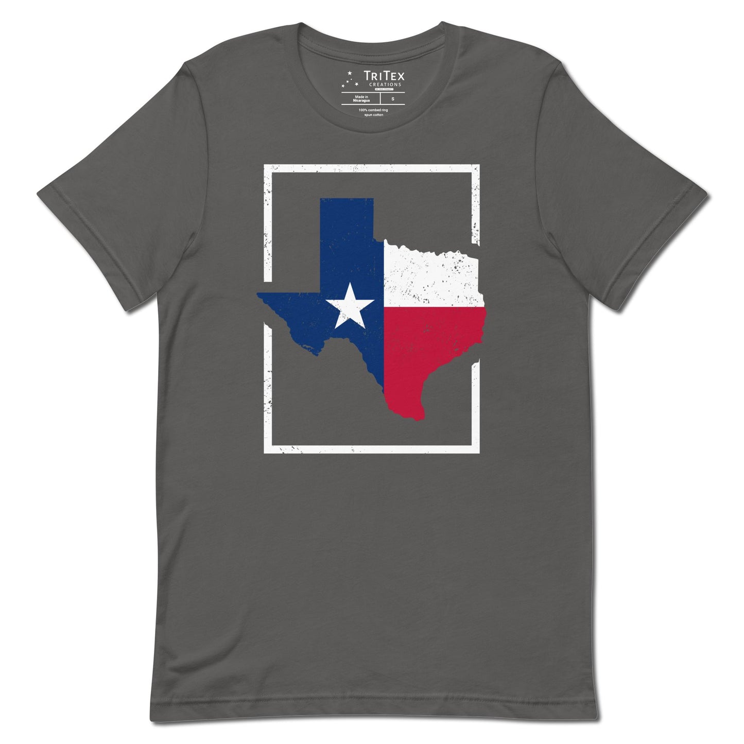 An asphalt t-shirt featuring the map of Texas cut out in the shape of a map of Texas.