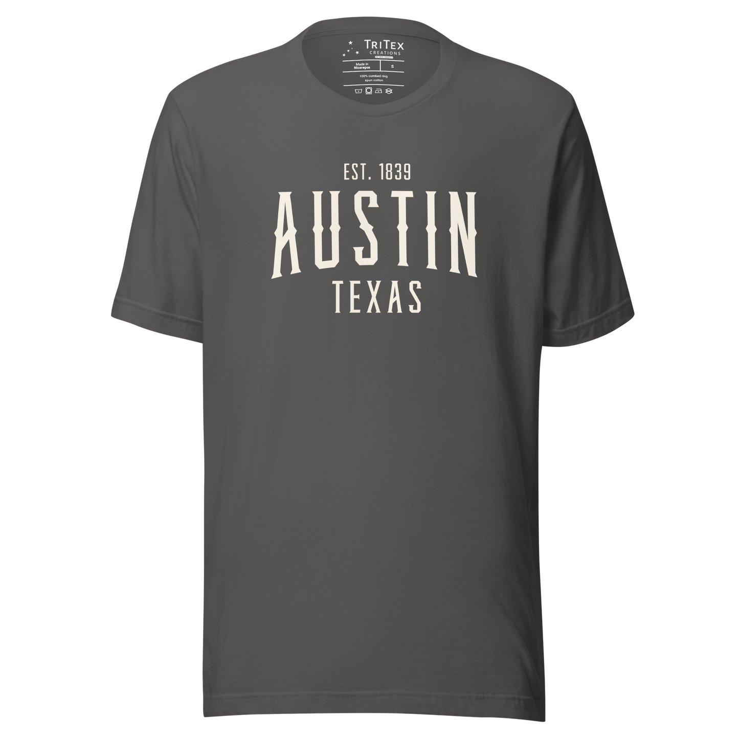 An asphalt-colored t-shirt with the words "Austin Texas Est. 1839".