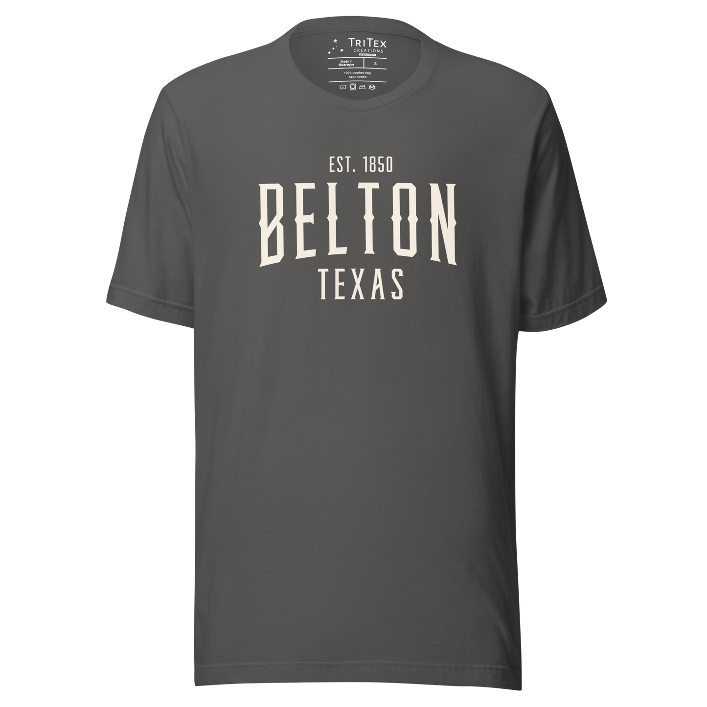 An asphalt-colored t-shirt with the words "Belton Texas Est. 1850".