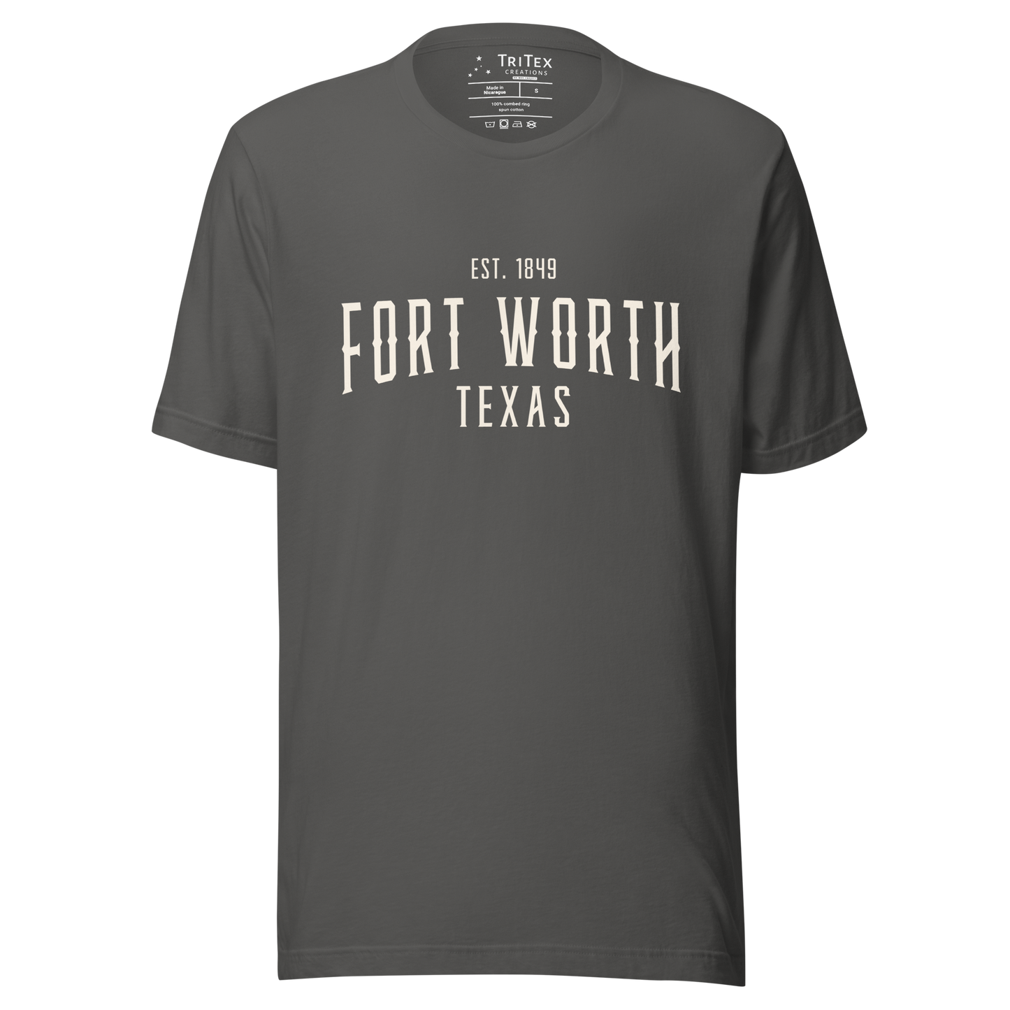 An asphalt-colored t-shirt with the words "Fort Worth Texas Est. 1849".