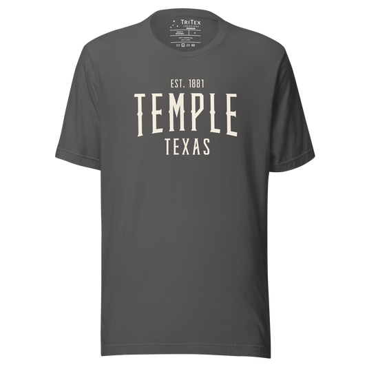 An asphalt-colored t-shirt with the words "Temple Texas Est. 1881".