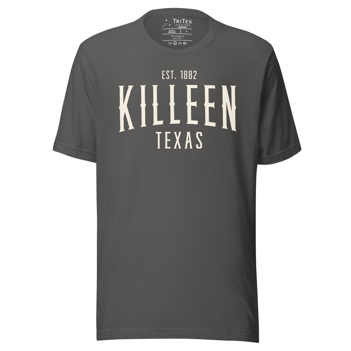 An asphalt-colored t-shirt with the words "Killeen Texas Est. 1882".