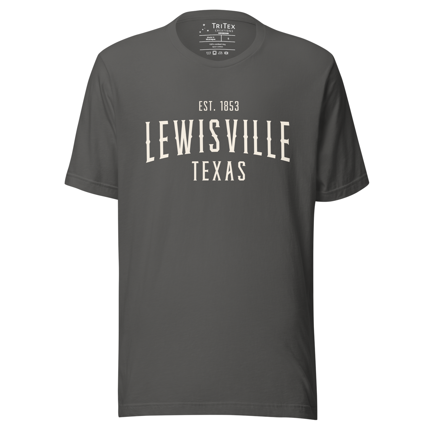 An asphalt-colored t-shirt with the words "Lewisville Texas Est. 1853".