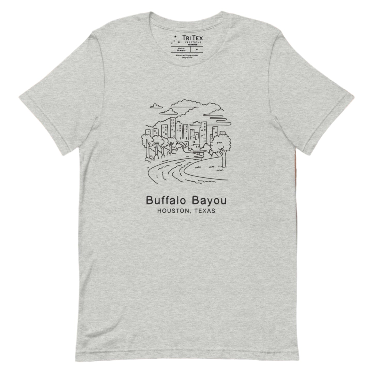 An athletic heather t-shirt featuring an sketch of a Buffalo Bayou Park with the words "Buffalo Bayou Houston, Texas" underneath.