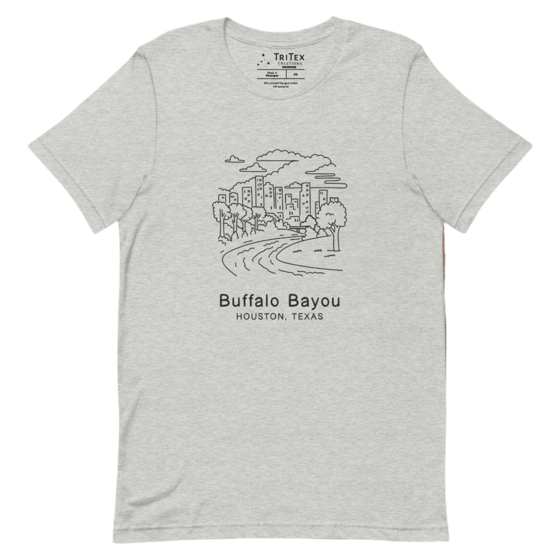 An athletic heather t-shirt featuring an sketch of a Buffalo Bayou Park with the words "Buffalo Bayou Houston, Texas" underneath.