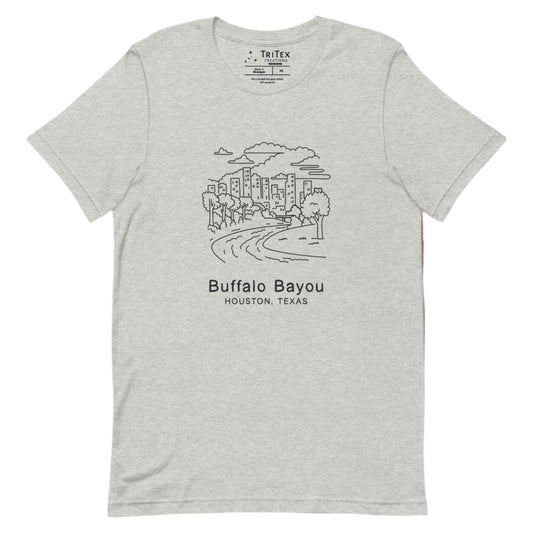 An athletic heather t-shirt featuring an sketch of a Buffalo Bayou Park with the words "Buffalo Bayou Houston, Texas" underneath.