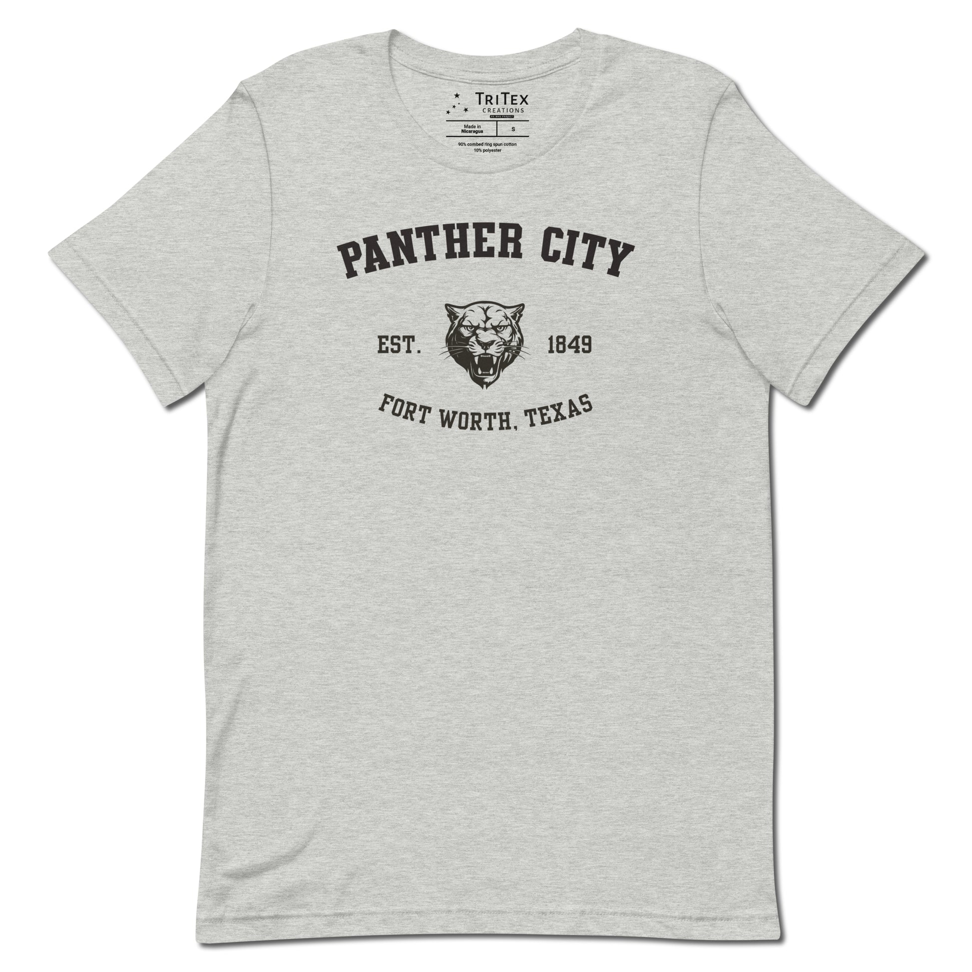 An athletic heather t-shirt featuring a graphic image of a growling panther's head with the text "Panther City Est. 1849 Fort Worth, Texas".