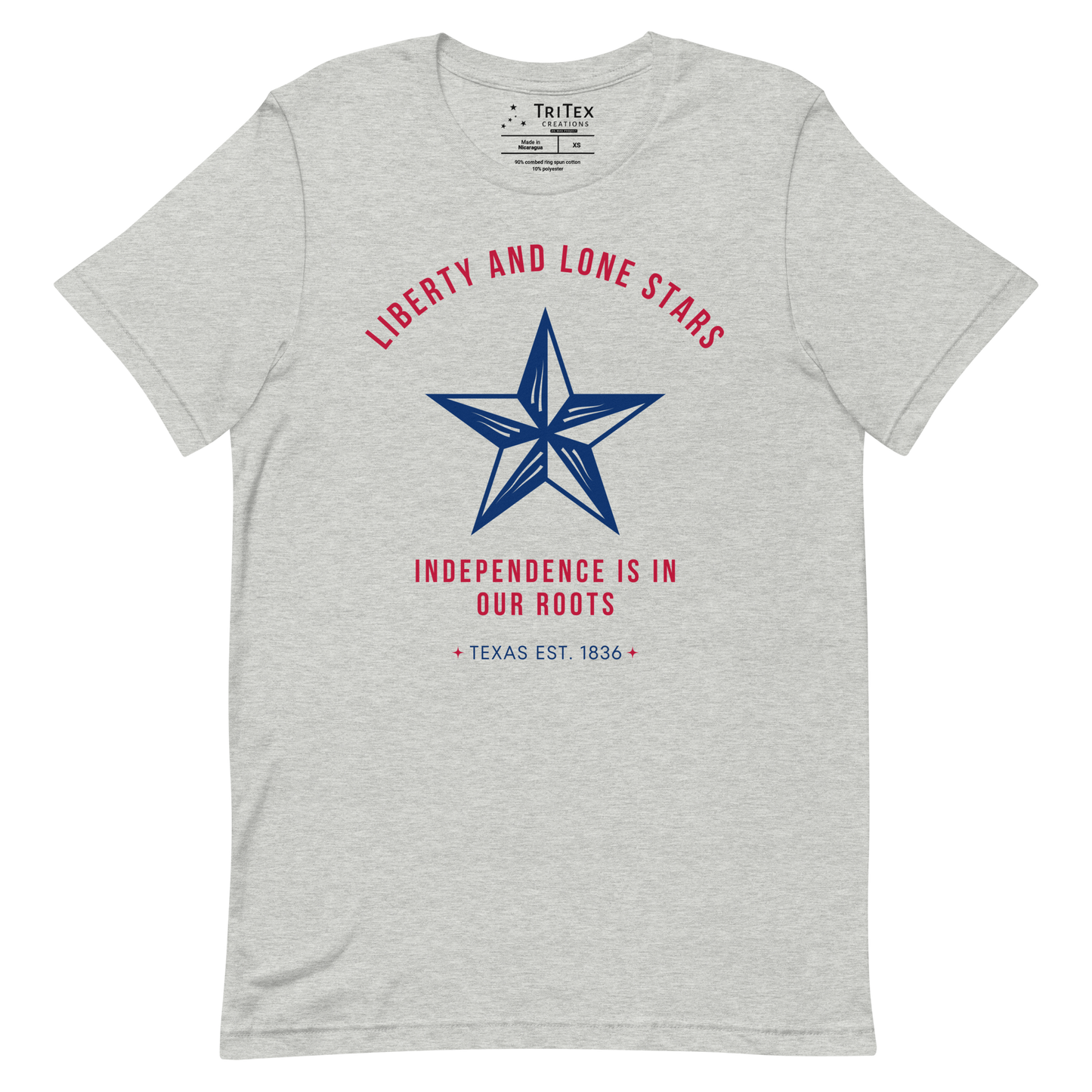 An athletic heather t-shirt featuring a 5-pointed star with the words "Liberty and lone stars. Independence is in our roots. Texas Est. 1836".