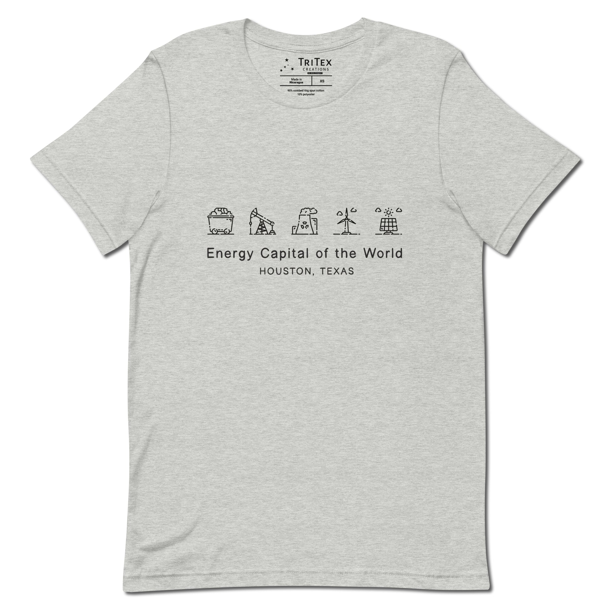 An athletic heather shirt with illustrations of different energy production methods with text reading "Energy Capital of the World Houston, Texas"