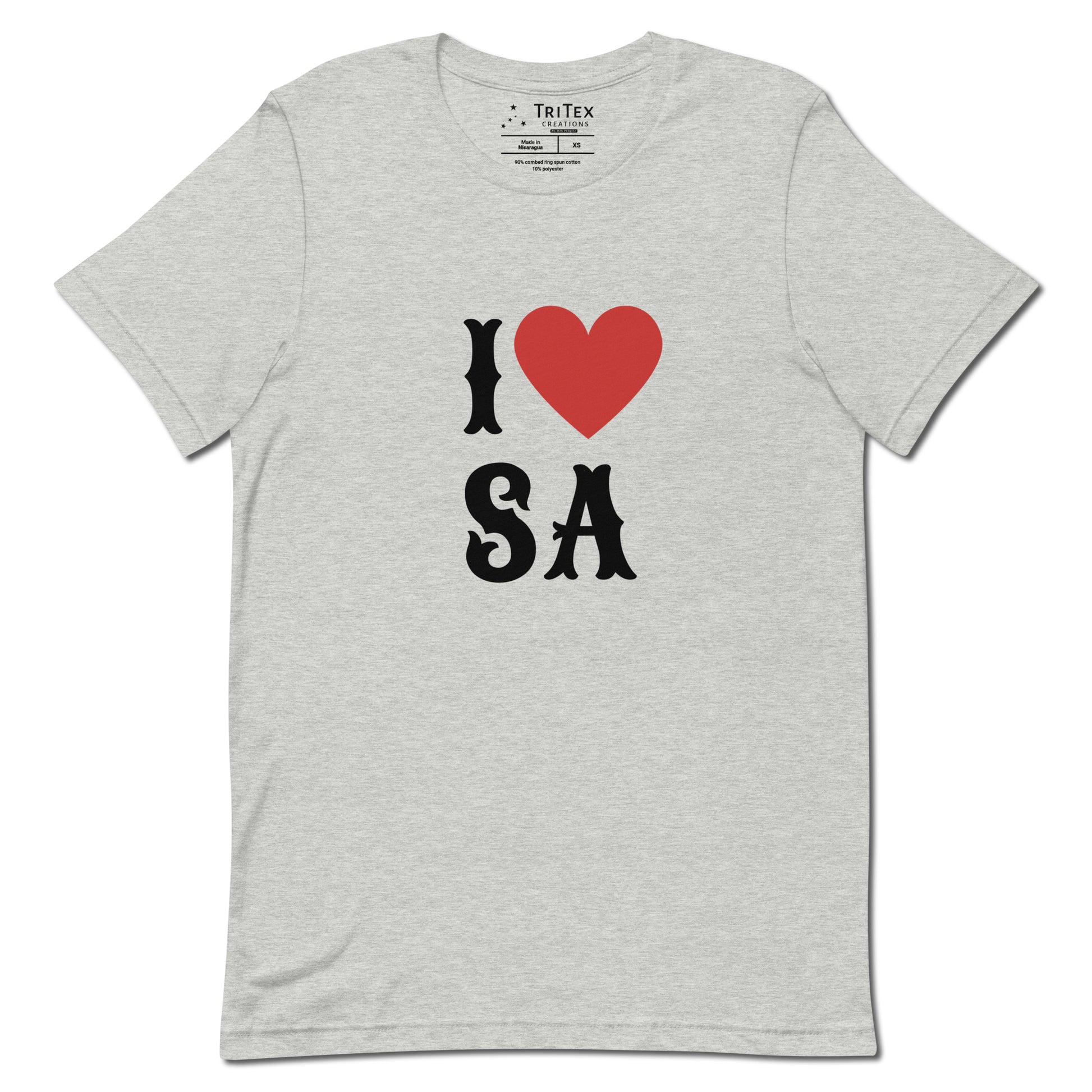 An athletic heather white shirt with the text "I Love SA".