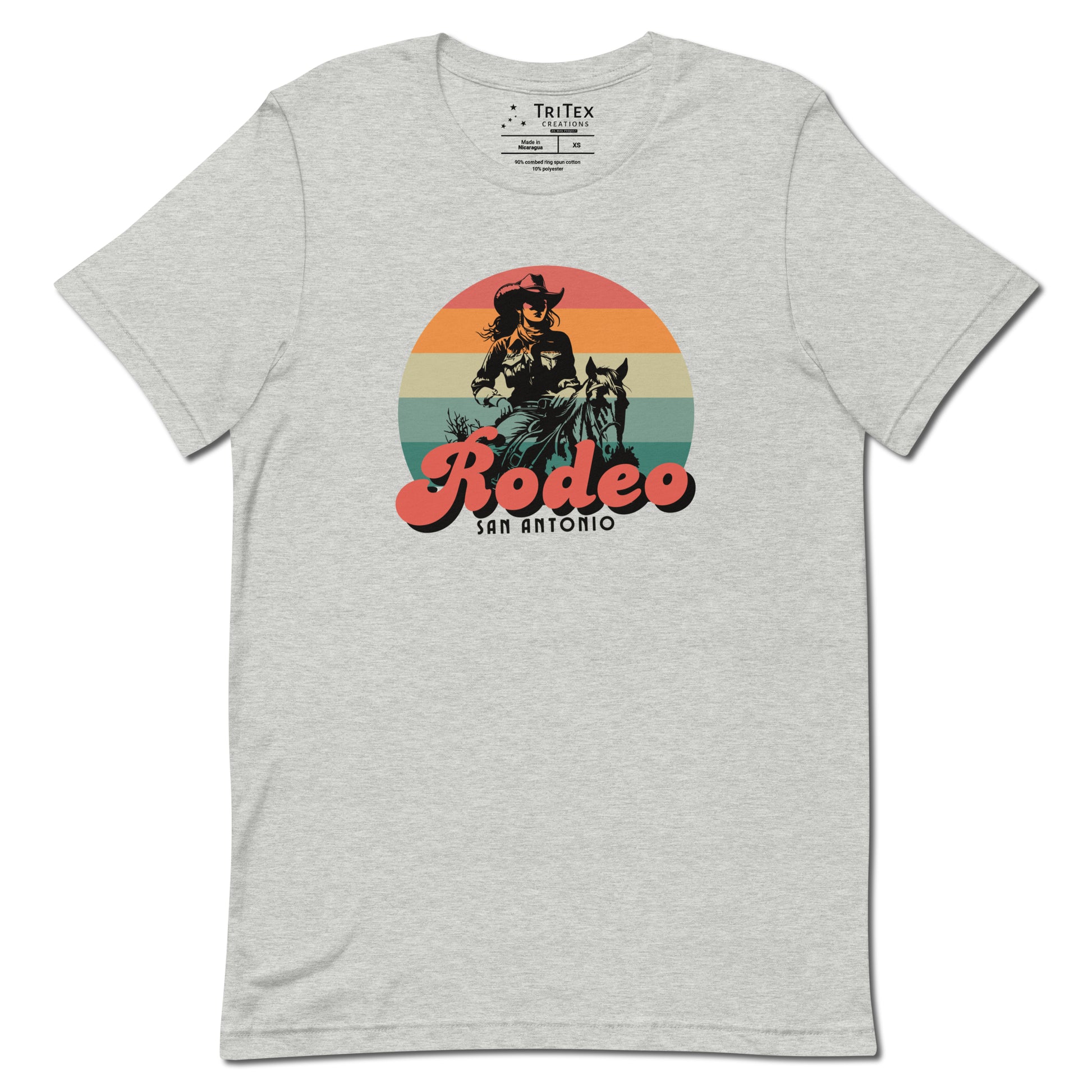 An athletic heather t-shirt with an illustration of a cowgirl and the text "Rodeo San Antonio".