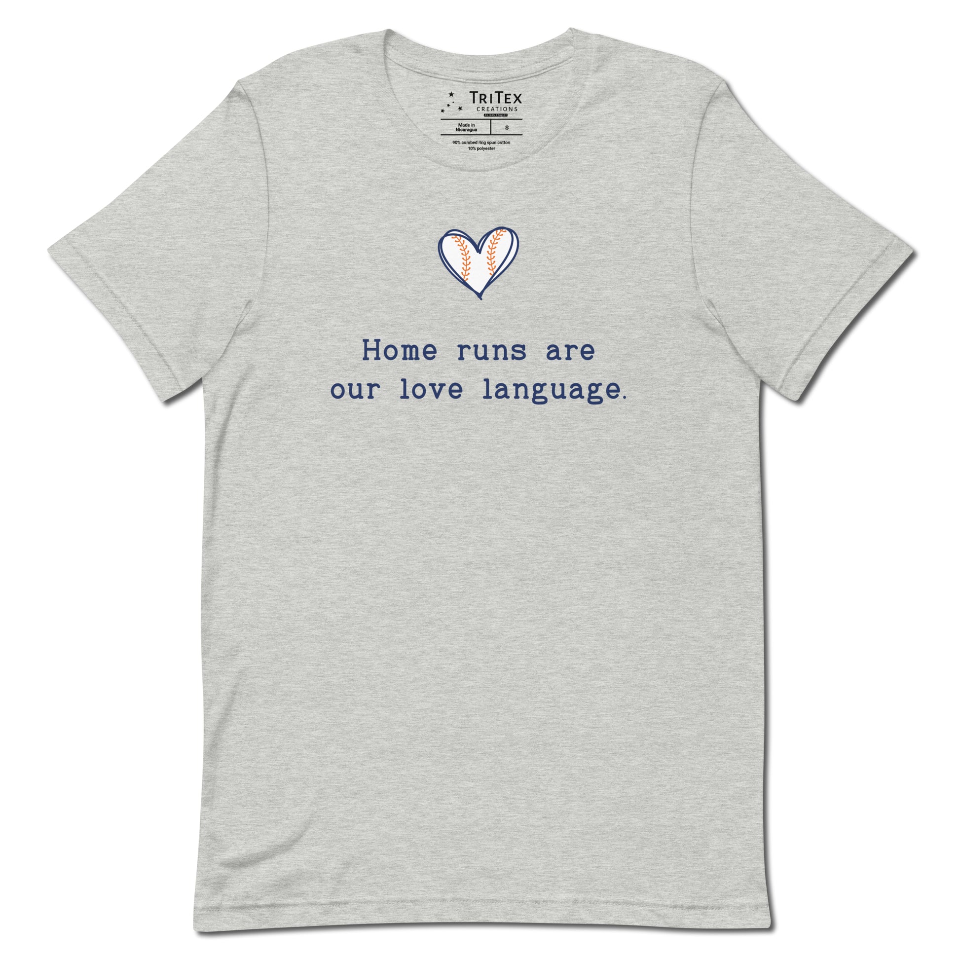 An athletic heather t-shirt picturing a heart-shaped baseball with the text "Home runs are our love language".