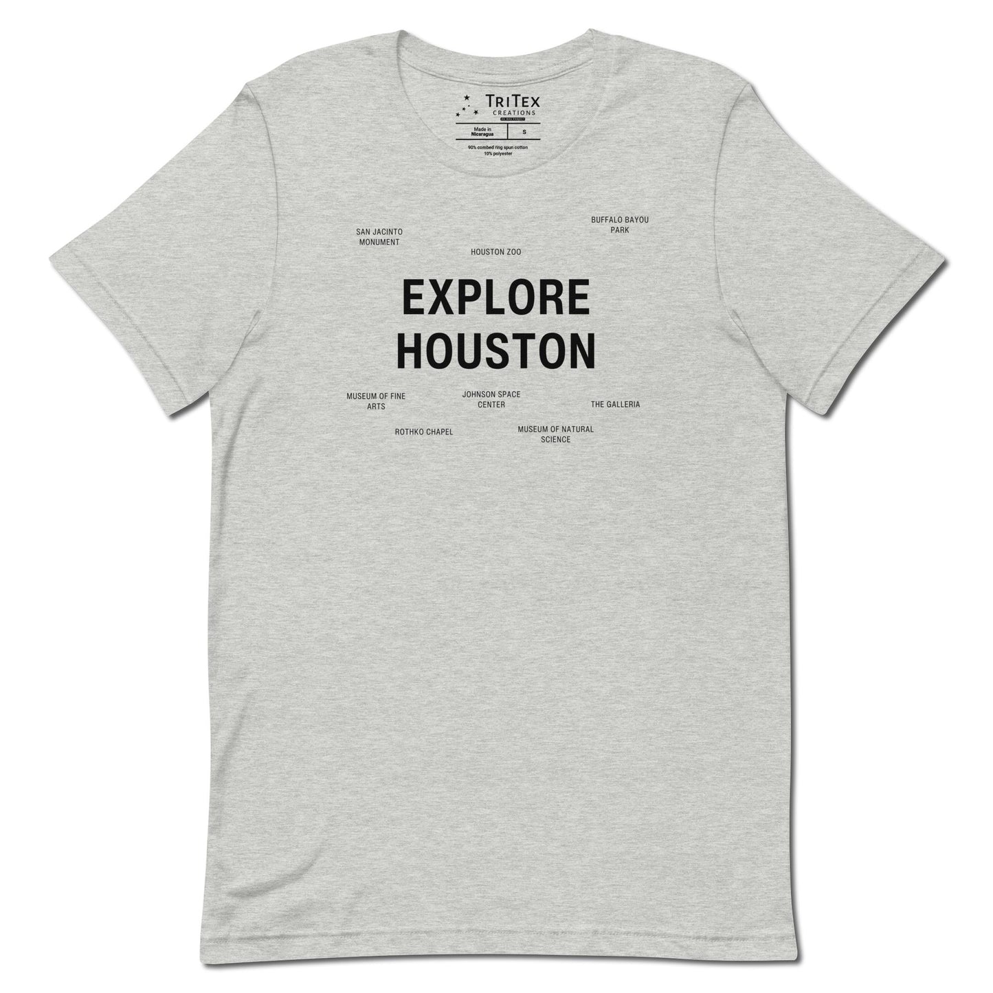 An athletic heather t-shirt which reads "Explore Houston" in big, bold text with smaller text elements naming Houston's landmarks.