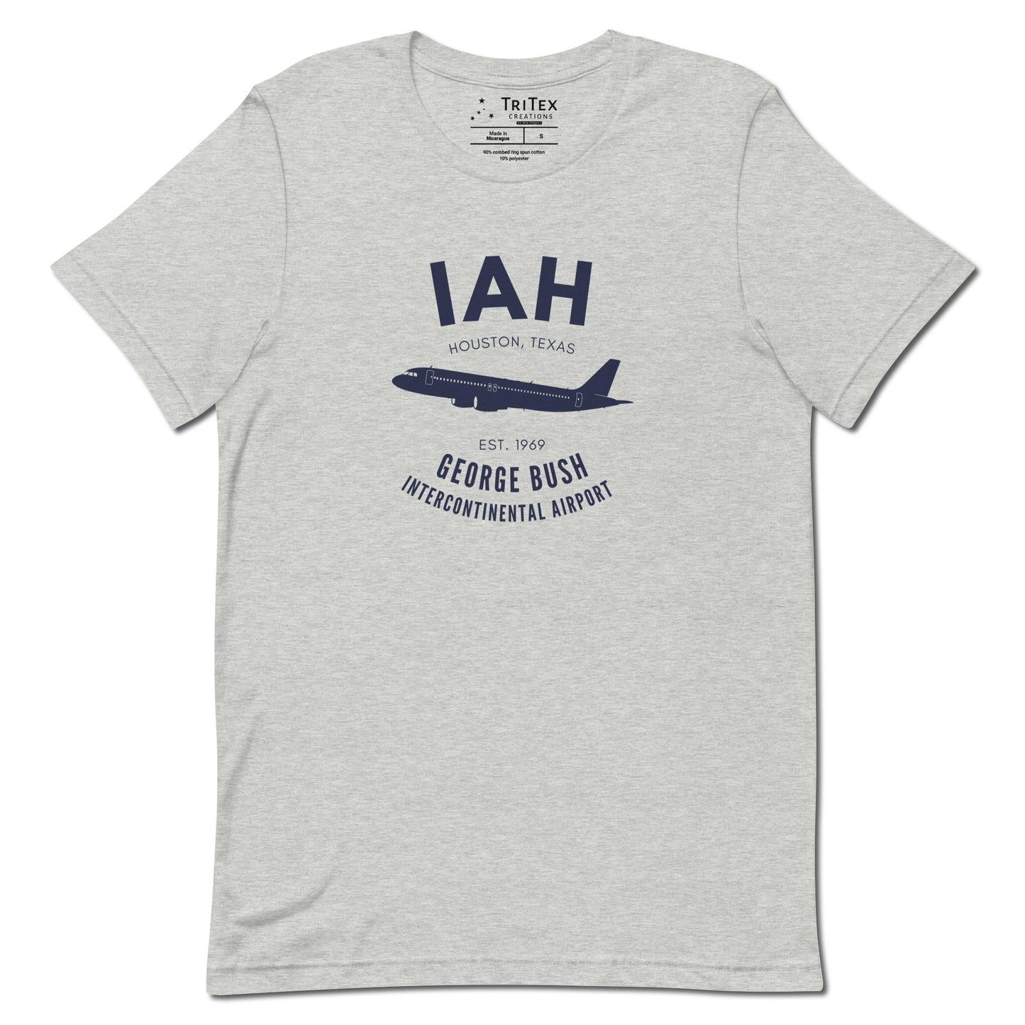 An athletic heather t-shirt with a silhouette of a passenger plane with the text "IAH Houston, Texas EST. 1969 George Bush Intercontinental Airport".