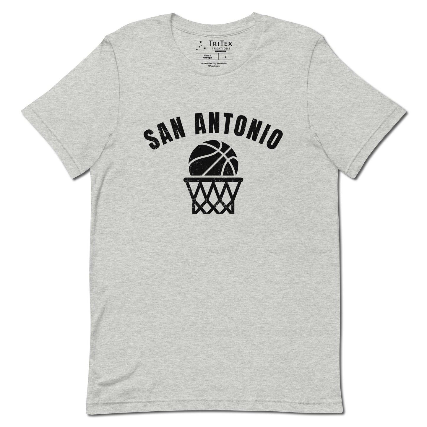 An athletic heather t-shirt featuring a basketball and net with the words "San Antonio".