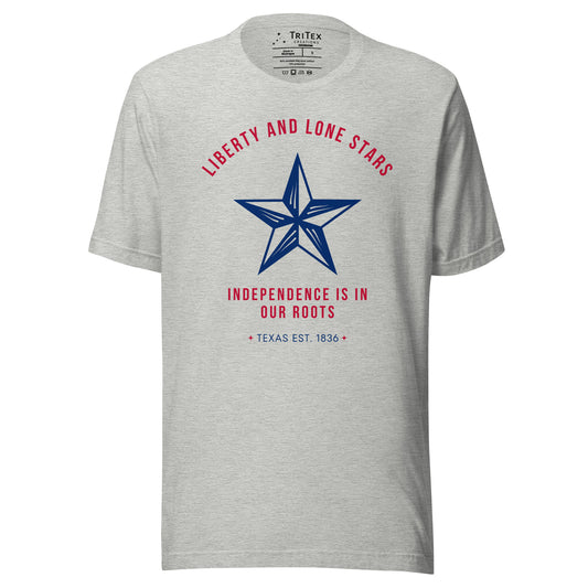 An athletic heather t-shirt featuring a 5-pointed star with the words "Liberty and lone stars. Independence is in our roots. Texas Est. 1836".