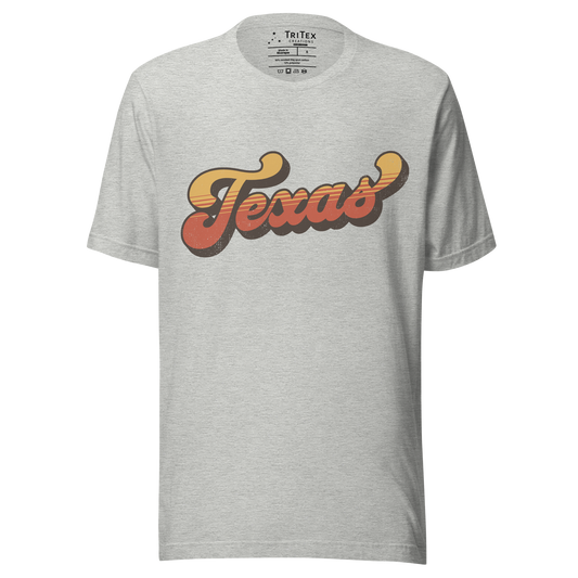 An athletic heather t-shirt with a retro style Texas in a vintage font.