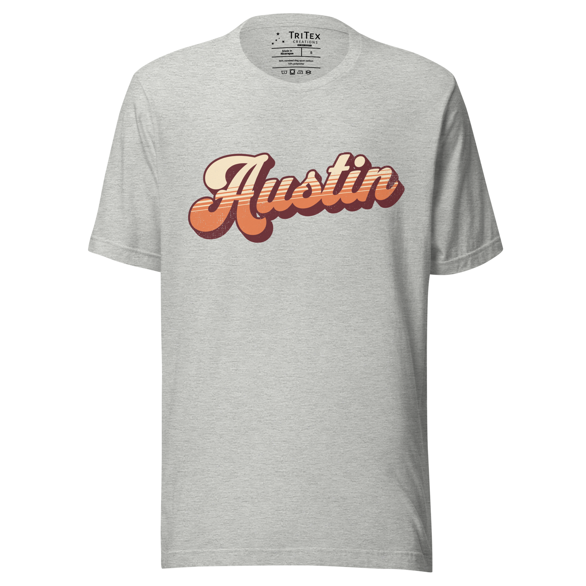 An athletic heather t-shirt with a retro style Austin in a vintage font.