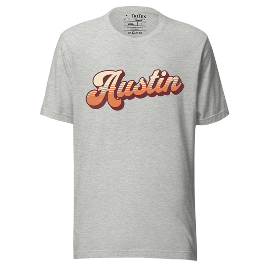 An athletic heather t-shirt with a retro style Austin in a vintage font.