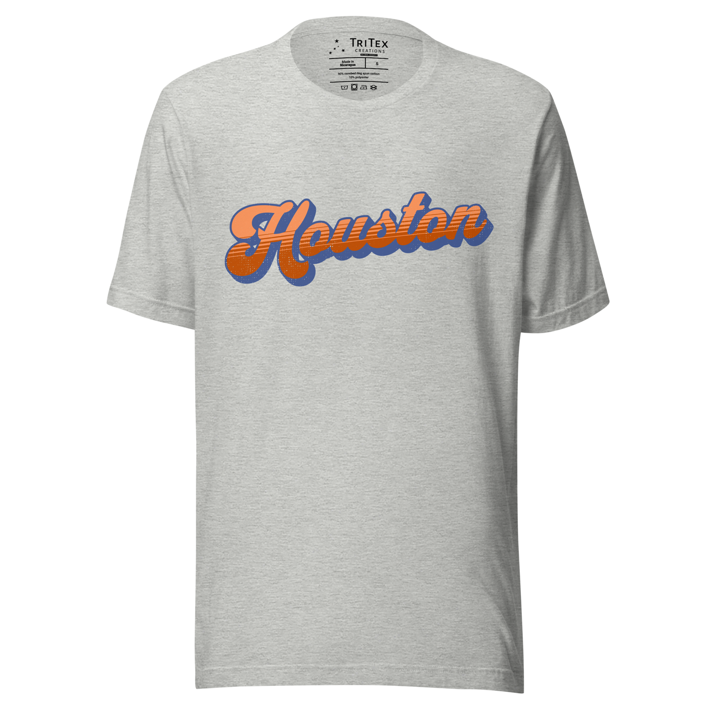 An athletic heather t-shirt with a retro style Houston in a vintage font.