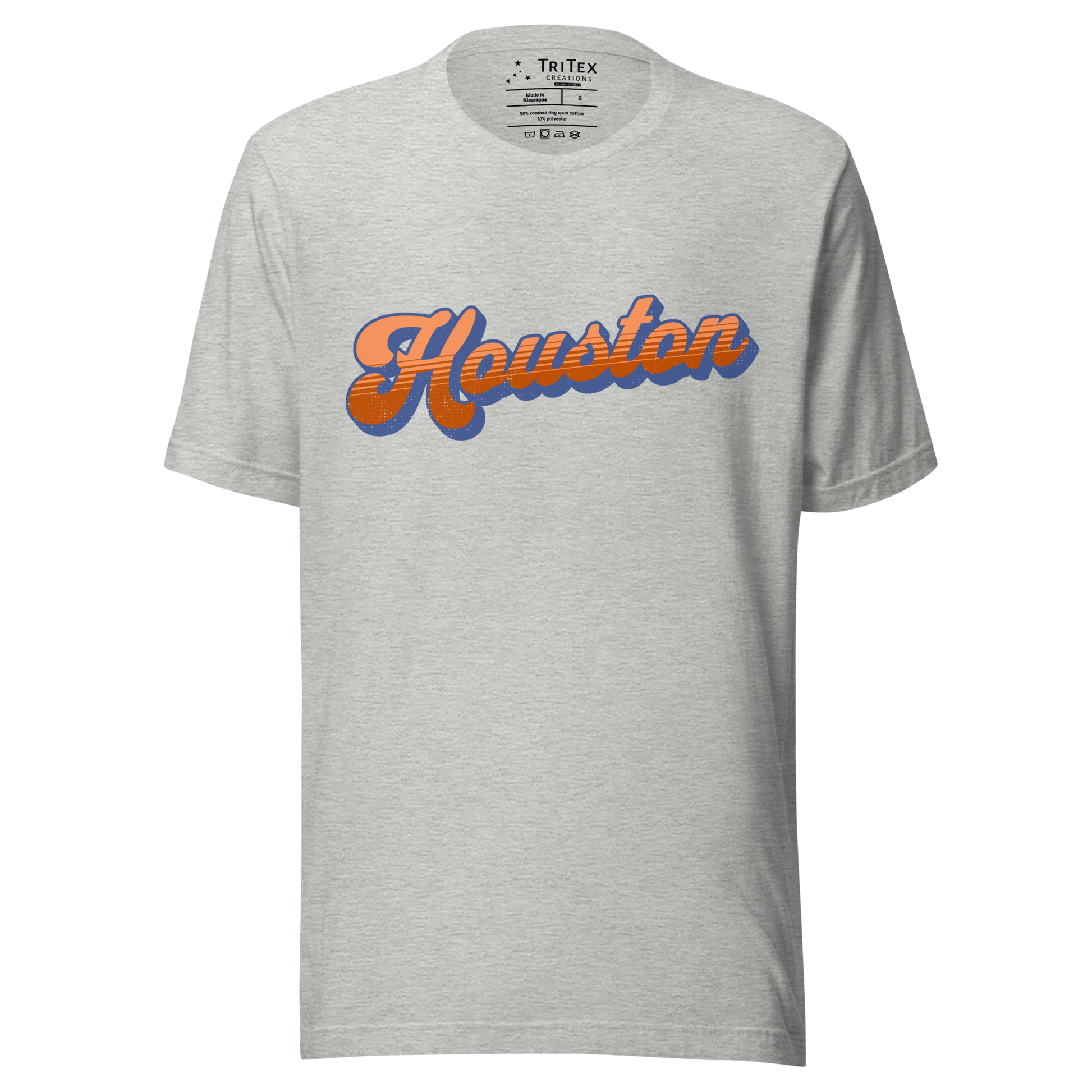 An athletic heather t-shirt with a retro style Houston in a vintage font.
