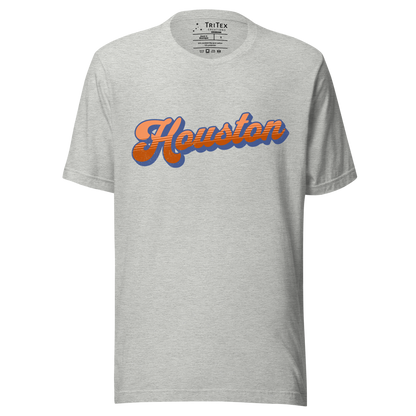 An athletic heather t-shirt with a retro style Houston in a vintage font.