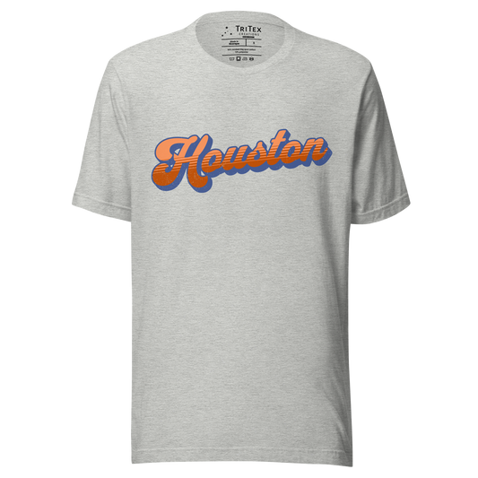An athletic heather t-shirt with a retro style Houston in a vintage font.