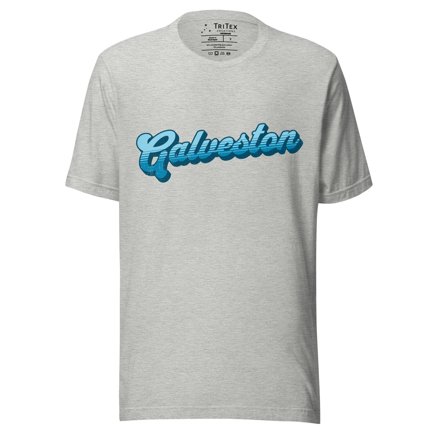 An athletic heather  t-shirt with a retro style Galveston in a vintage font.