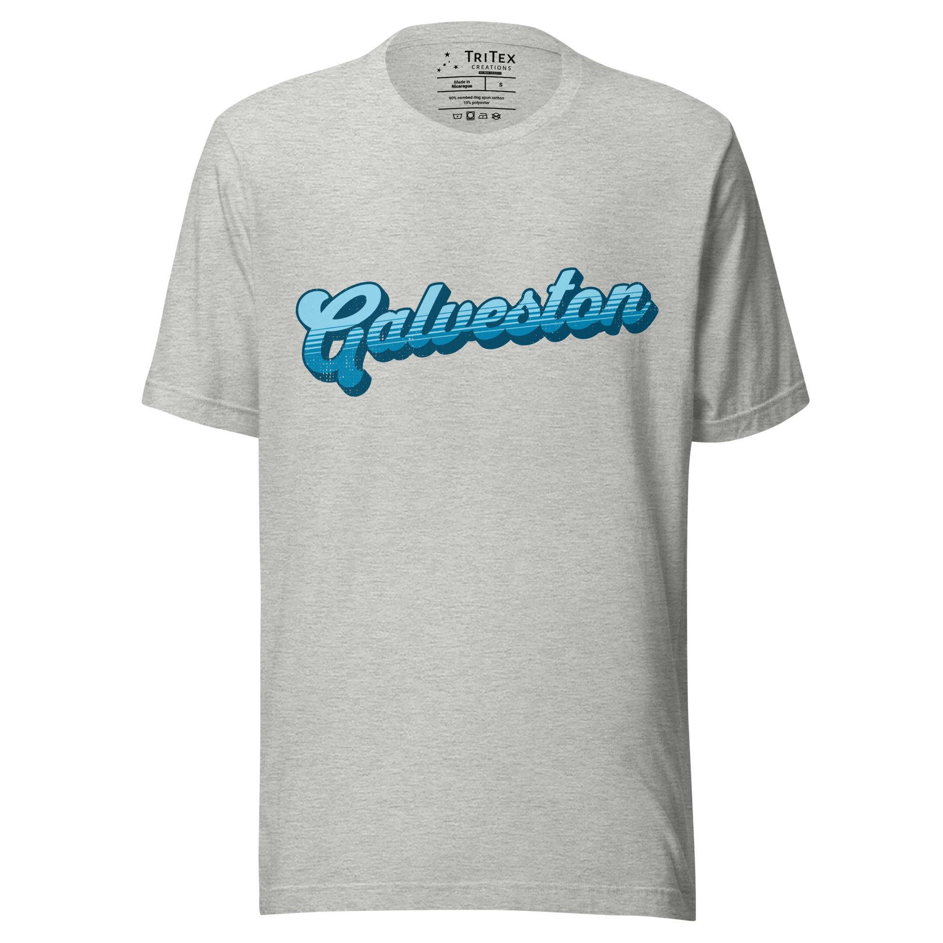 An athletic heather  t-shirt with a retro style Galveston in a vintage font.