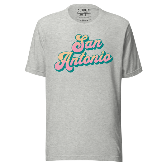 An athletic heather  t-shirt with a retro style San Antonio in a vintage font.