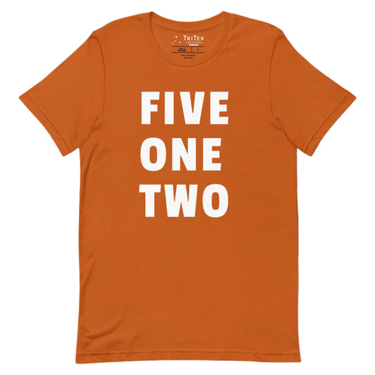 An autumn-colored t-shirt with the text "FIVE ONE TWO".