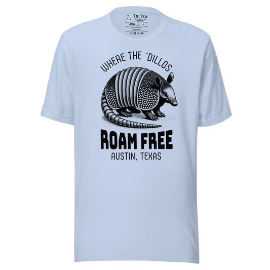 A baby blue t-shirt featuring a vintage illustration of an armadillo with the words "Where the 'dillos roam free. Austin, Texas".