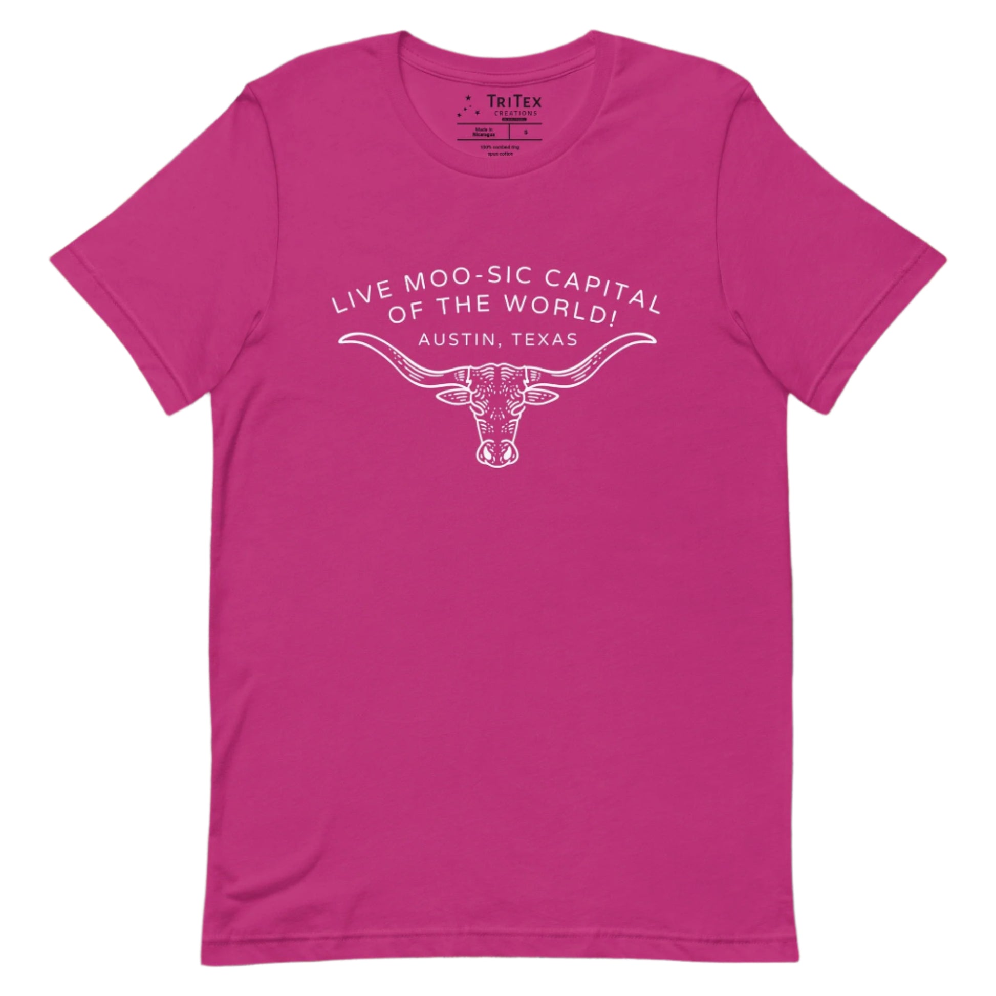 A berry-colored t-shirt featuring an image of a longhorn bull with the words "Live moo-sic capital of the world! Austin, Texas".