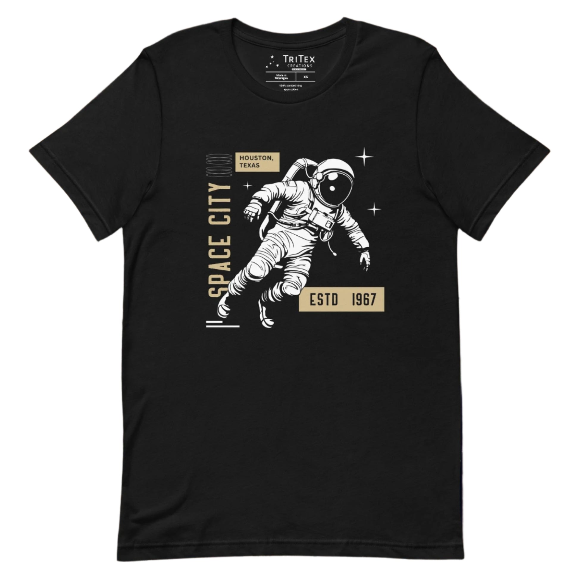 A black t-shirt featuring an astronaut with the words "Space City. Houston, Texas. Estd. 1967".