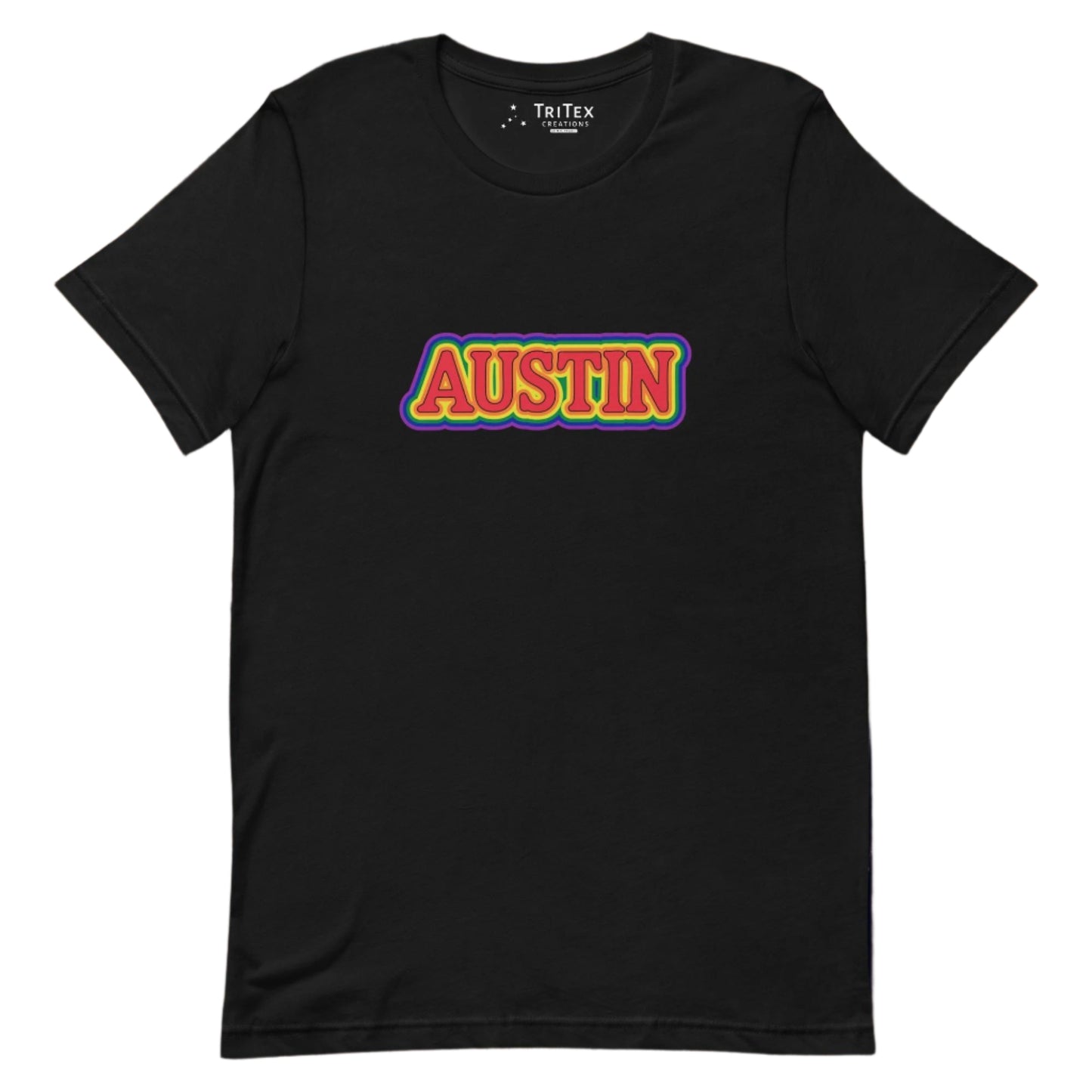 A black t-shirt featuring the words Austin in rainbow colors.