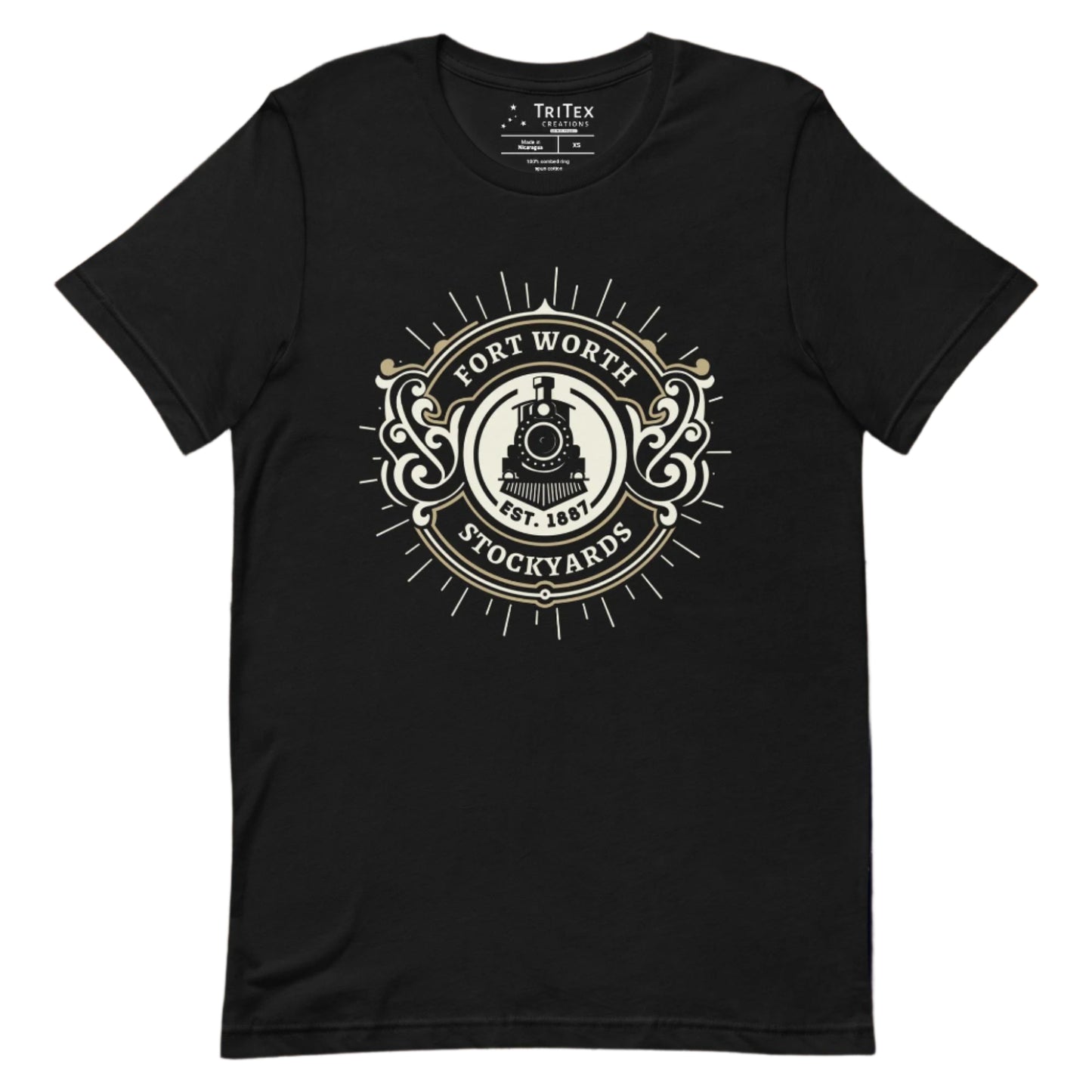 A black t-shirt featuring a vintage locomotive and the text "Fort Worth Stockyards Est. 1887".