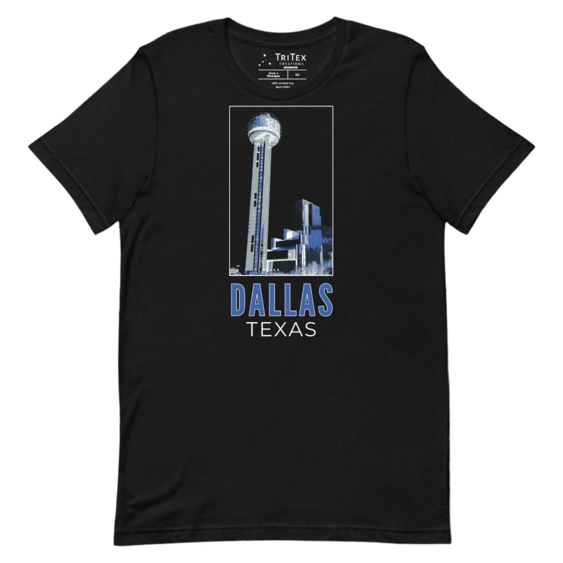 A black t-shirt featuring an image of Reunion Tower with the words "Dallas Texas".