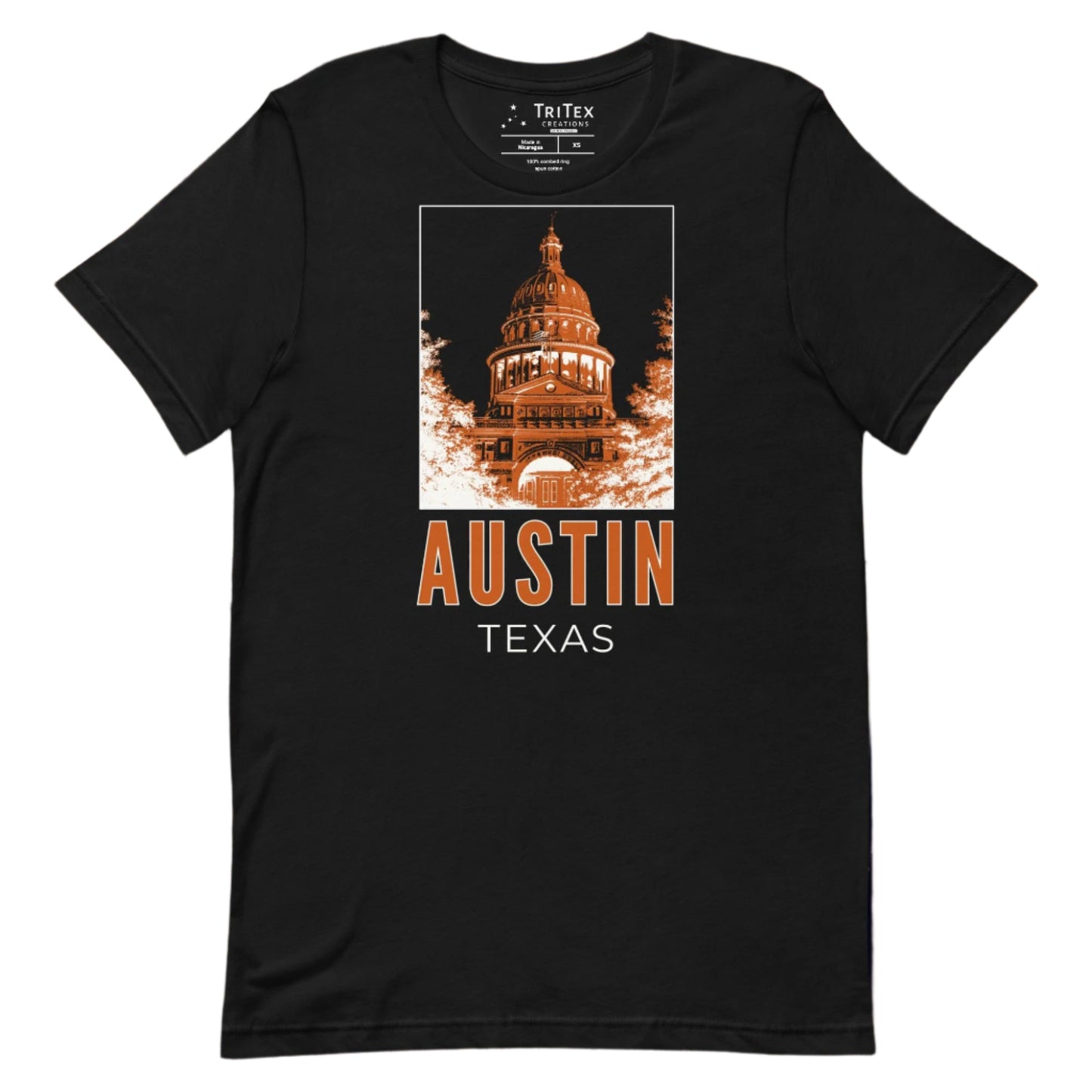 A black t-shirt featuring an image of the Texas Capitol Building with the words "Austin, Texas" underneath.