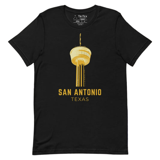 A black t-shirt featuring the Tower of the Americas with the words "San Antonio Texas".