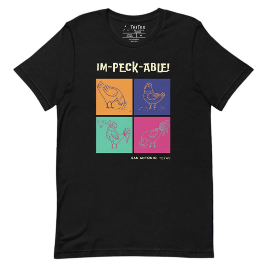 A black t-shirt featuring cartoon chickens with the text "Im-peck-able! San Antonio Texas"