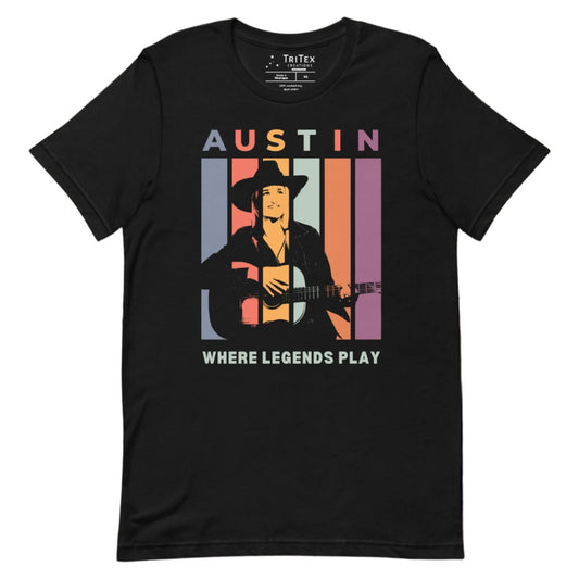 A black t-shirt featuring a silhouette of a guitarist with the words "Austin. Where legends play".